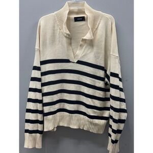 Cider Polo Sweater Striped Knit Women 3XL Cream Navy Split Collar Relaxed